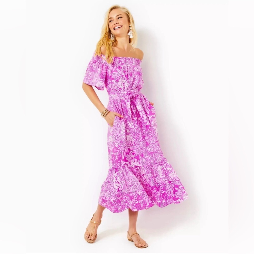 Lilly Pulitzer Isbell Off-Shoulder Floral Linen Midi Dress Beach Resort S NWT